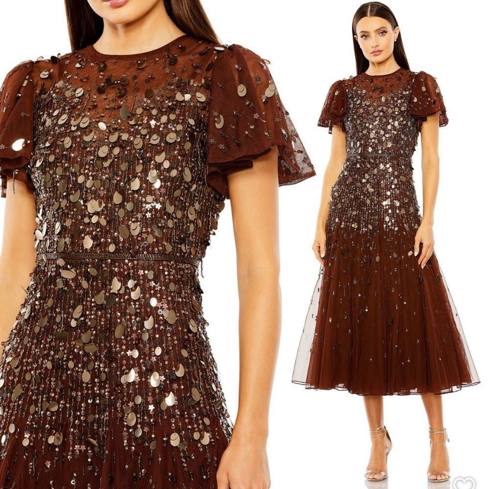 MAC DUGGAL 24018 Womens Brown Flutter Sleeve Shee… - image 1